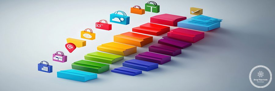 Colorful stairs with shopping icons ascending.