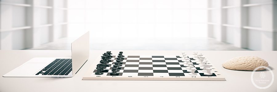 Computer vs human brain concept with two of the previously mentioned playing chess in white room. 3D Rendering