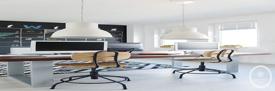 Computers on desk in bright modern office