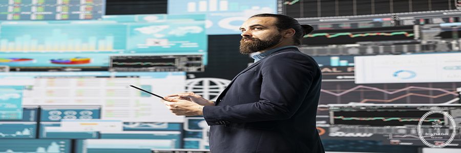 Conceptual image showcasing businessman in a digital environment focused on metrics, strategic planning and profitability through technology and analytics. Insightfulness and forecasting.