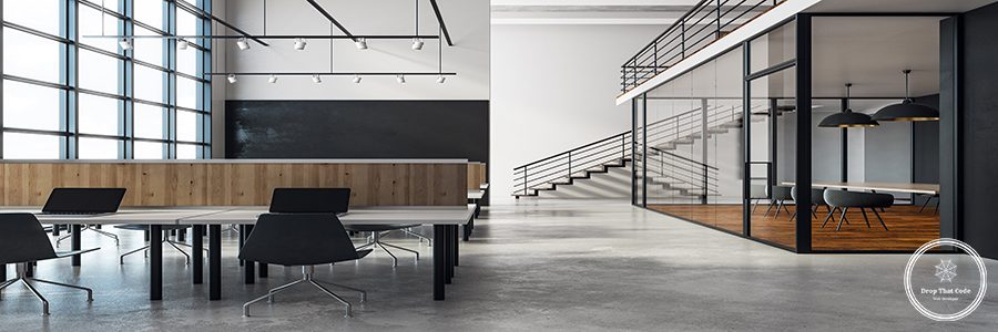 Contemporary coworking office interior with city view and daylight. 3D Rendering