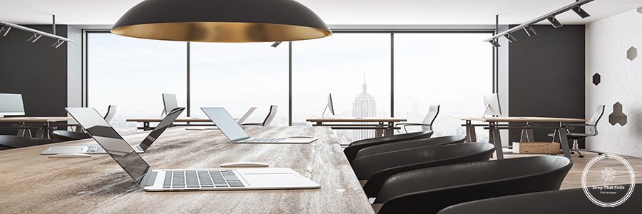 Contemporary coworking office interior with panoramic New York city view and daylight. 3D Rendering