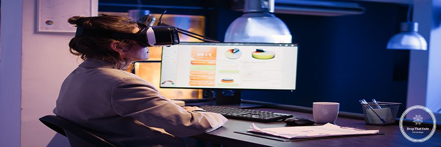Corporate advisor planning report with vr glasses at desk, working with virtual reality 3d environment to increase profit at night. Young woman using 3d simulation goggles. Handheld shot.