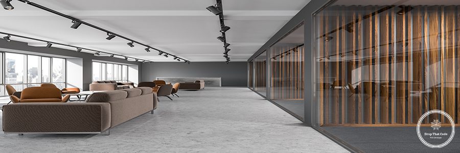 Corridor of a luxury office with dark gray and brown walls, a concrete floor and brown and gray armchairs standing next to brown sofas. 3d rendering