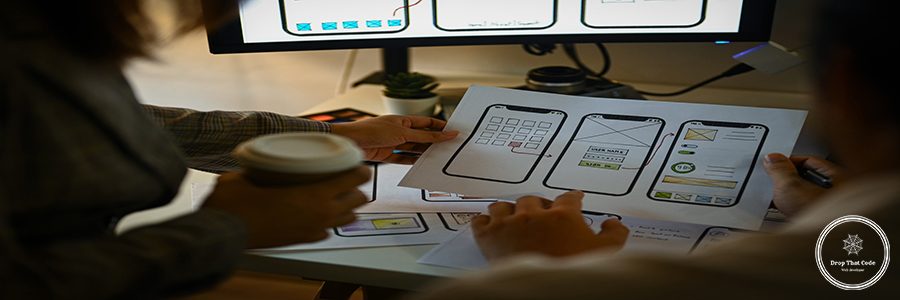 Creative designer team working with template layout framework for mobile phone application.