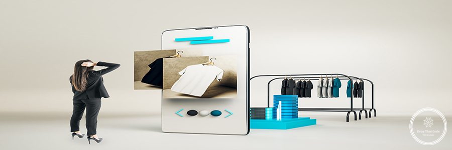 Creative online shopping concept with young businesswoman looking at huge smartphone and racks with clothes on white background.