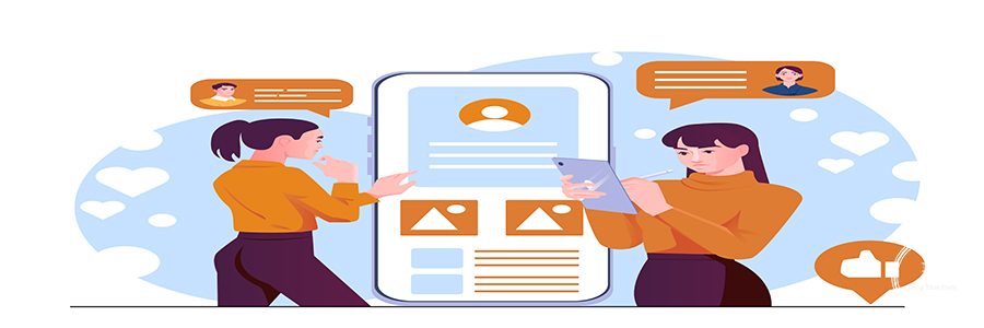 Two women using tablet and smartphone interacting with digital profile interface, speech bubbles and social icons around. Concept of social media and online communication. Vector illustration