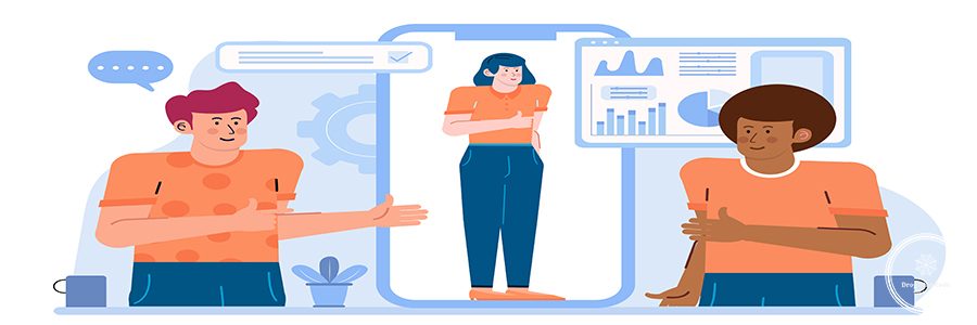Three people are talking about business increase with graphs and charts