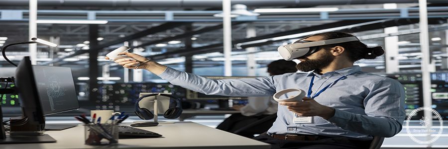 Data center programmer using virtual reality to setup machine learning systems handling information. IT expert using VR headset to train neural networks to improve server farm operations
