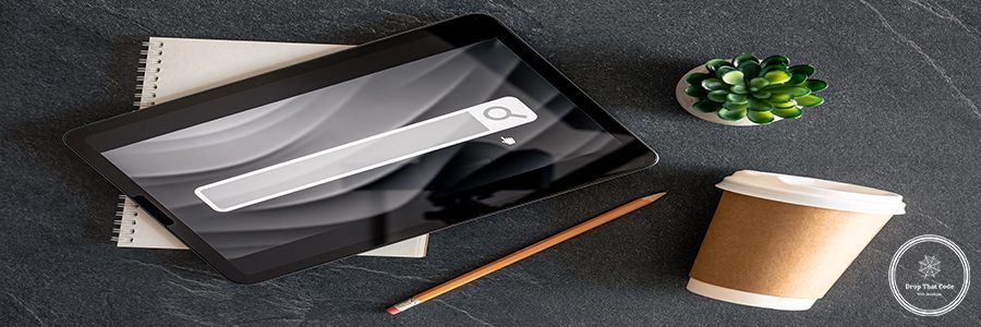 Digital tablet with internet browser search bar on screen, search searching browsing internet data information concept.