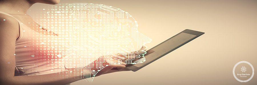 Double exposure of brain sketch hologram and woman holding and using a mobile device.