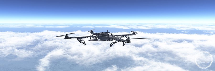 3D render of a drone flying above the clouds