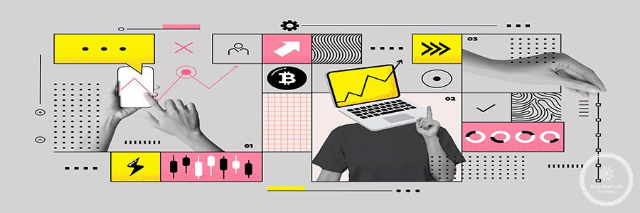 Contemporary artwork. Creative design. group of people, employees working together to create new profitable idea. Concept of stock trade, Bitcoin trade,  career development. Copy space for ad. Vector illustration