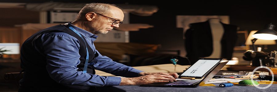 Elderly experienced couturier typing measurements on laptop in professional atelier shop workspace. Skilled expert fashion designer searching online for sartorial inspiration