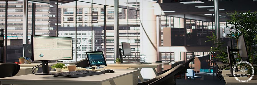 Empty modern workspace with advanced technology to enhance efficiency and productivity, helping business professionals focus on financial strategies. Global enterprise success objectives.