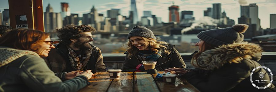 Urban lifestyle, group of friends enjoying a cup of coffee at a rooftop cafÃ©, city skyline in the background, muted colors, ample room for branding at the bottom. --ar 16:9 --v 6 Job ID: 6d9ecbf7-ceca-4962-bd8f-8e6c78fe62ac