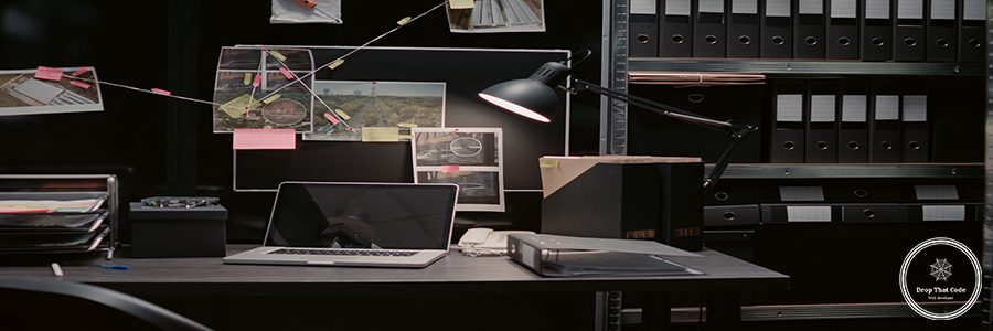 Evidence board with case files or investigation clues on police archive wall map, surveillance phots and witness statements. Empty law enforcement office filled with criminal records.