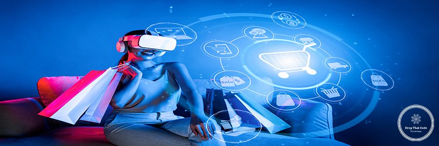 Smart female sitting on sofa while wearing VR headset connecting metaverse, future cyberspace community technology. Elegant woman enjoy open interface online store menu shop product. Hallucination.