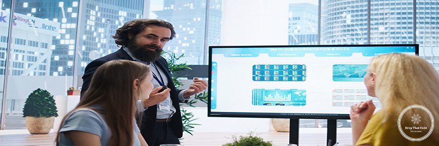Financial advisor presents detailed stock market analysis to clients on big screen, helping them make informed investment decisions. Broker in office providing family with financial analysis, camera A