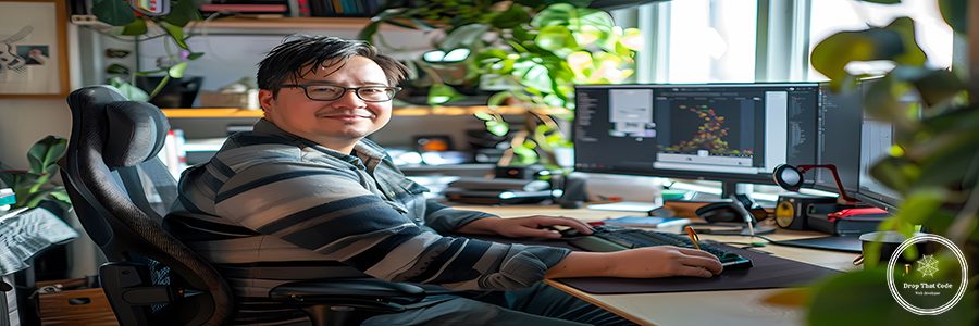 A full body photo shows an Asian man sitting at his desk, wearing glasses and a striped shirt with black jeans. Ai generated.