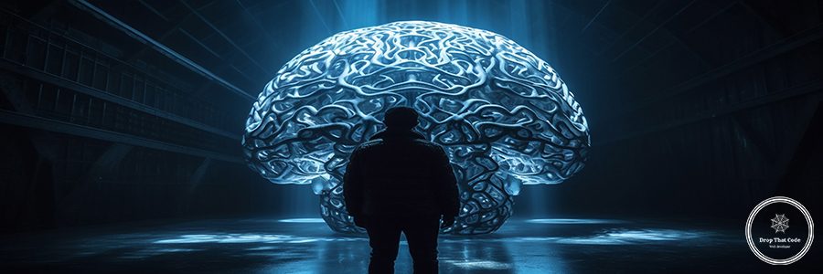Futuristic businessman pointing to glowing abstract brain generated by artificial intelligence