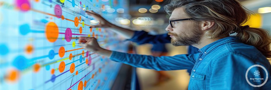 In a futuristic office, a female data scientist wearing glasses works on a holographic interface, conducting data analysis with cutting-edge technology.