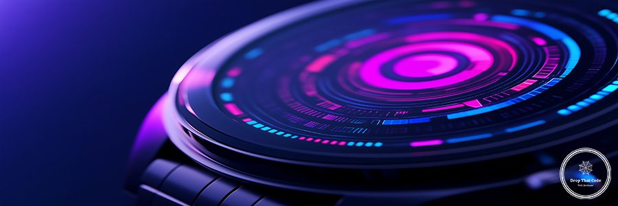 Futuristic smartwatch interface with vibrant graphics and glowing elements.