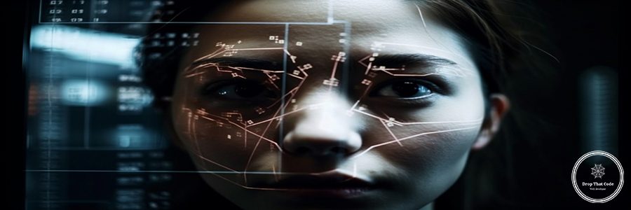 Futuristic young adult glowing brown eyes watching patterns generated by artificial intelligence