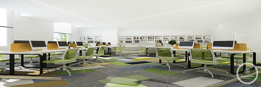 3d rendering green business meeting and working room on office building with bookshelf