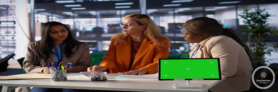Group of businesswomen sharing insight on a new project next to copy space, collaborating to achieve global enterprise success in a men dominated professional environment. Camera B.