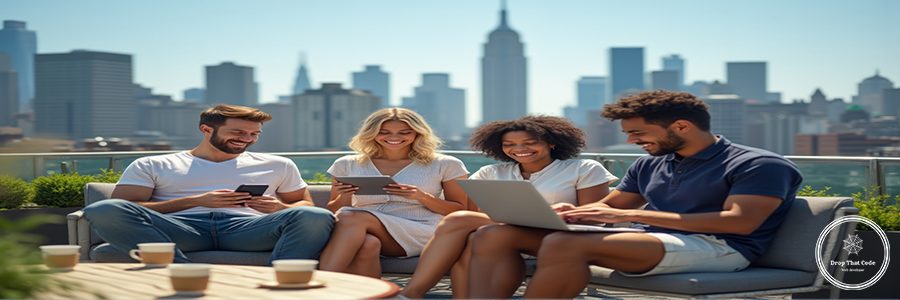 A group of young professionals collaborating with laptops and notebooks on a rooftop terrace with a city skyline in the background. The scene highlights an outdoor work session in a relaxed atmosphere.