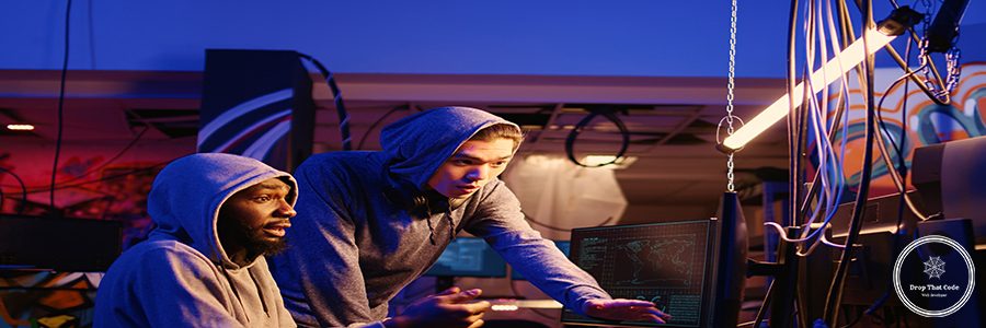 Hackers neon illuminated secret HQ coding malware designed to exploit network backdoors, using advanced software to bypass security measures such as logins and password protections, zoom out shot