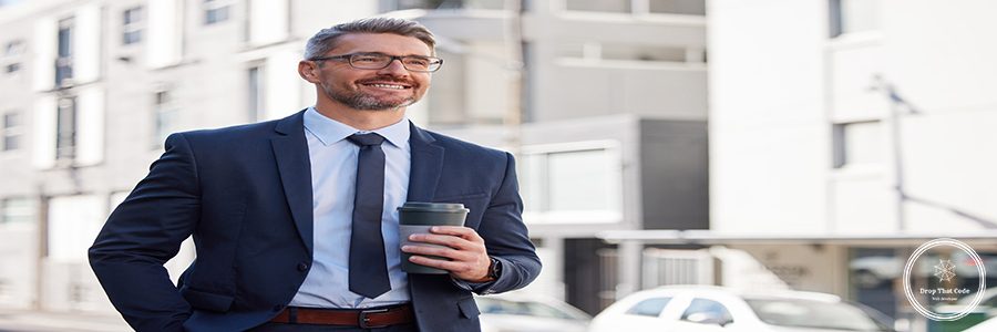 Happy, businessman and coffee in city for morning, travel and career in New York. Lawyer, corporate male person and hot beverage on sidewalk for journey, smile and walking to work in Manhattan.