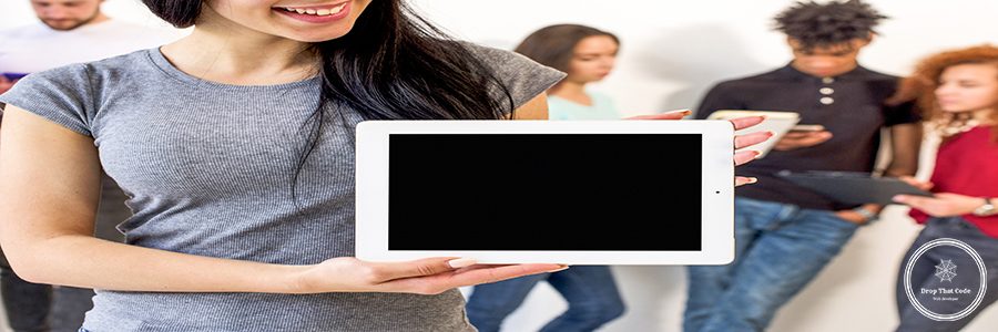 happy-woman-showing-blank-screen-digital-tablet-standing-front-her-friends