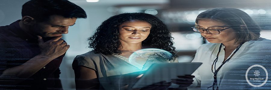 Hologram, programmer and business team planning global internet connection or innovation of technology in the night. Coding, IT and corporate people teamwork with a tablet working on website or web.