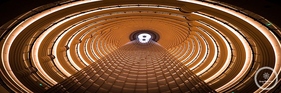 The interior of Jin Mao Tower looking up from the lobby of the Grand Hyatt Hotel, Shanghai, China
