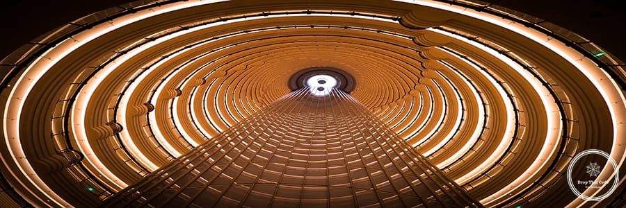 The interior of Jin Mao Tower looking up from the lobby of the Grand Hyatt Hotel, Shanghai, China