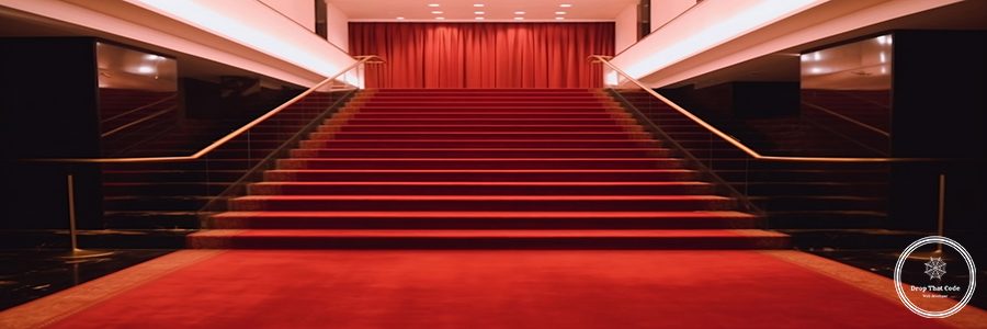 Interior scene of hotel stairs covered with red carpet generativ