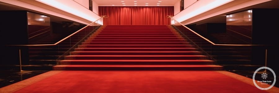 Interior scene of hotel stairs covered with red carpet generativ