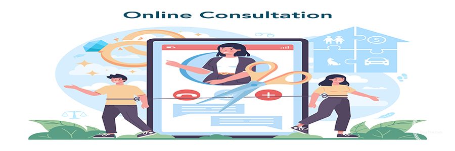 Professional lawyer online service or platform. Housing, family and land legal dispute. Law advisor, advocate defending a customer. Online consultation. Vector flat illustration