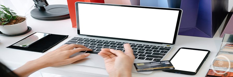 Mockup image of Beautiful woman shopping online with laptop and smartphone on online websites, mockup concept