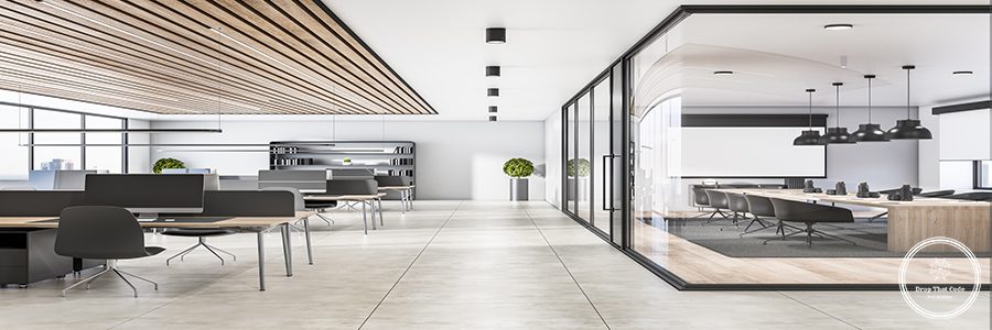 Luxury concrete and wooden office interior with glass, partition and furniture, daylight, window with city view. Workplace concept. 3D Rendering