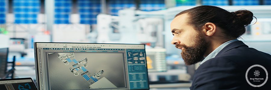 Photovoltaics factory technician adjusts system parameters on laptop to maximize solar cells power generation. Man using notebook optimizing energy supply in solar panel manufacturing plant, camera B