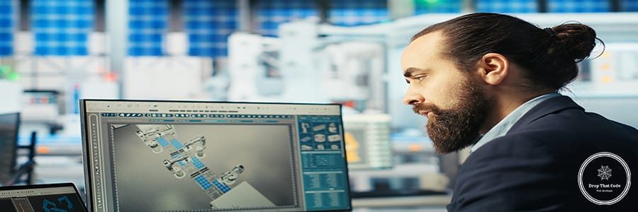 Photovoltaics factory technician adjusts system parameters on laptop to maximize solar cells power generation. Man using notebook optimizing energy supply in solar panel manufacturing plant, camera B