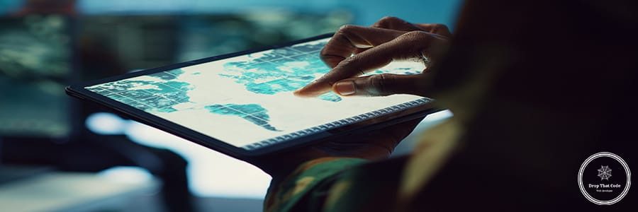 Military IT professional gathers intelligence from world map projection, tablet connected to satellite reconnaissance system to support field troops. Dispatch army command post. Close up. Camera A.