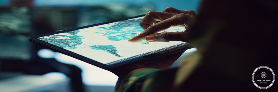 Military IT professional gathers intelligence from world map projection, tablet connected to satellite reconnaissance system to support field troops. Dispatch army command post. Close up. Camera A.