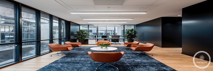Modern office interior with bright spaces and collaborative seating areas