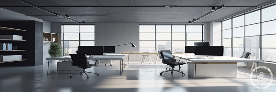 Modern office space with desktops with modern computers, created with Generative AI technology