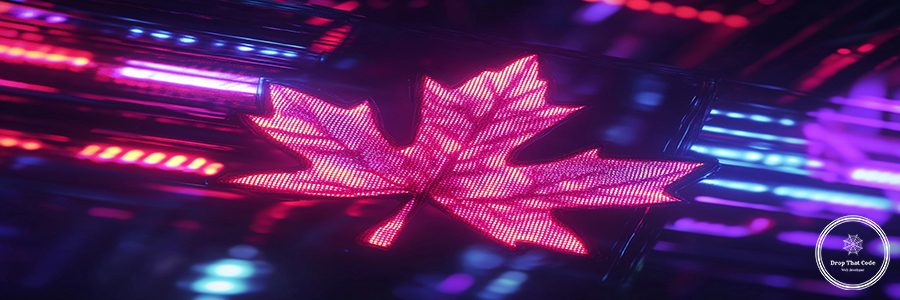 A modern reinterpretation of the Canadian flag with a futuristic neon glow