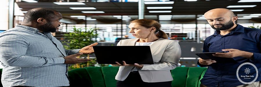 Multiracial workers using laptop device to write emails, solving tasks. Staff members typing on notebook keyboard in office, making sure documents are quality assurance compliant